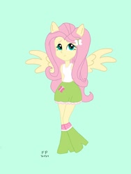 Size: 1620x2160 | Tagged: safe, artist:funnypancake, fluttershy, human, pegasus, equestria girls, g4, boots, clothes, green background, hands behind back, high heel boots, ponied up, shirt, shoes, simple background, skinny, skirt, socks, solo, thin