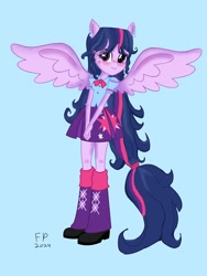 Size: 1620x2160 | Tagged: safe, artist:funnypancake, twilight sparkle, human, equestria girls, g4, blue background, clothes, ponied up, shirt, shoes, simple background, skirt, solo