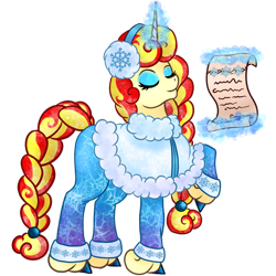 Size: 450x450 | Tagged: safe, artist:mesuyoru, oc, oc only, oc:miss libussa, pony, unicorn, g4, ambassador, blue eyeshadow, blue hooves, braid, braided tail, clothes, czequestria, czequestria 202x, earmuffs, eyes closed, eyeshadow, female, female oc, horn, levitation, magic, makeup, mare oc, pony oc, raised hoof, scroll, simple background, solo, tail, telekinesis, transparent background, unicorn oc, winter outfit