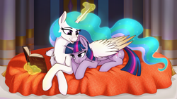 Size: 7180x4040 | Tagged: safe, artist:dacaoo, princess celestia, twilight sparkle, alicorn, pony, g4, absurd resolution, castle, chest fluff, colored wings, crossed legs, duo, duo female, female, glowing, glowing mane, glowing tail, leg fluff, lidded eyes, looking at someone, lying down, magic, missing accessory, momlestia, open mouth, open smile, photo album, prone, smiling, tail, telekinesis, twilight sparkle (alicorn), widescreen, wing blanket, winghug, wings