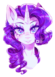 Size: 1244x1747 | Tagged: safe, artist:l4zy_4le, rarity, pony, unicorn, g4, bust, eyeshadow, female, horn, looking at you, makeup, mare, simple background, smiling, smiling at you, solo, watermark, white background