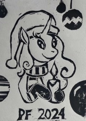 Size: 1072x1500 | Tagged: safe, artist:cwossie, oc, oc only, oc:miss libussa, pony, unicorn, 2024, black and white, candle, female, female oc, grayscale, hat, hoof hold, horn, mare oc, monochrome, new year, pony oc, solo, traditional art, unicorn oc