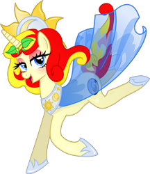 Size: 389x450 | Tagged: safe, artist:aya yai, oc, oc only, oc:miss libussa, pony, unicorn, g4, blue eyes, clothes, dress, eyeshadow, female, female oc, hoof shoes, horn, makeup, mare, mare oc, moon, open mouth, open smile, pink eyeshadow, pony oc, running, simple background, smiling, solo, standing, standing on one leg, sun, transparent background, unicorn oc