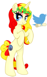 Size: 200x327 | Tagged: artist needed, safe, oc, oc only, oc:miss libussa, pony, unicorn, g4, bipedal, eyeshadow, female, female oc, horn, logo, looking at you, makeup, mare oc, meta, pink eyeshadow, pony oc, scroll, simple background, smiling, smiling at you, solo, transparent background, twitter, unicorn oc, wreath