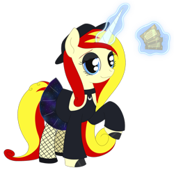 Size: 450x440 | Tagged: safe, artist:dyonys, oc, oc only, oc:miss libussa, pony, unicorn, g4, black eyeshadow, clothes, eyeshadow, female, female oc, fishnet clothing, fishnet stockings, glowing, glowing horn, gray eyeshadow, hat, horn, levitation, magic, makeup, mare, mare oc, moon, pony oc, raised hoof, simple background, skirt, solo, stockings, telekinesis, thigh highs, ticket, transparent background, unicorn oc