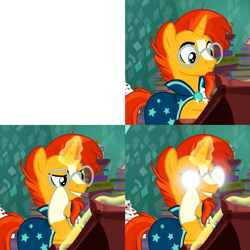 Size: 1249x1249 | Tagged: safe, edit, edited screencap, editor:moonlightshadows, screencap, sunburst, pony, unicorn, g4, the parent map, adjusting glasses, beard, cape, clothes, facial hair, frown, glasses, glowing, glowing horn, grin, horn, magic, meme, meme template, smiling, smirk, telekinesis