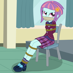 Size: 2000x2000 | Tagged: safe, artist:nie-martw-sie-o-mnie, part of a set, sunny flare, human, equestria girls, g4, bondage, bound and gagged, chair, cloth gag, clothes, crystal prep academy uniform, female, femsub, gag, rope, rope bondage, school uniform, shoes, sitting, skirt, socks, solo, submissive