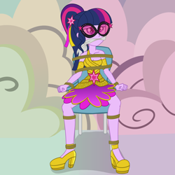 Size: 2500x2500 | Tagged: safe, artist:nie-martw-sie-o-mnie, part of a set, sci-twi, twilight sparkle, human, equestria girls, equestria girls specials, g4, my little pony equestria girls: dance magic, bondage, bound and gagged, chair, cleave gag, cloth gag, clothes, dress, gag, glasses, high heels, shoes, sitting, spread legs, spreading, tied to chair, tied up