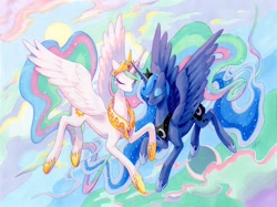 Size: 1200x898 | Tagged: safe, artist:fleebites, princess celestia, princess luna, alicorn, pony, g4, duo, female, flying, hoof shoes, jewelry, mare, peytral, regalia, spread wings, wings