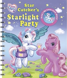 Size: 431x500 | Tagged: safe, pinkie pie (g3), star catcher, earth pony, pegasus, pony, g3, my little pony: star catcher's starlight party, official, bipedal, book, book cover, card, cloud, cover, duo, duo female, female, flower, flying, invitation, mare, outdoors, rearing, smiling, spread wings, tail, wings