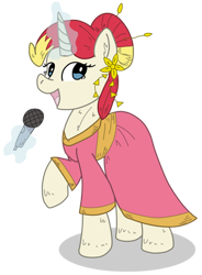 Size: 294x400 | Tagged: artist needed, safe, artist:czequestria, oc, oc only, oc:miss libussa, pony, unicorn, g4, clothes, dress, female, fluffy, glowing, glowing horn, hair bun, horn, levitation, magic, mare, mare oc, microphone, pony oc, raised hoof, simple background, singing, solo, telekinesis, transparent background, unicorn oc