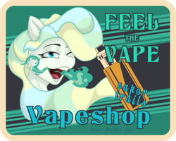 Size: 1600x1280 | Tagged: safe, artist:bluishdraft, vapor trail, pegasus, pony, g4, bust, female, lidded eyes, mare, name, name pun, one eye closed, open mouth, open smile, smiling, solo, vape, vaping, vapor