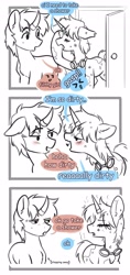 Size: 1937x4096 | Tagged: safe, artist:opalacorn, oc, oc only, oc:ironfire, oc:ryo, pony, unicorn, black and white, blushing, comic, dialogue, dirty, female, goggles, goggles around neck, grayscale, horn, innuendo, male, mare, messy mane, monochrome, oc x oc, partial color, shipping, stallion, stink lines