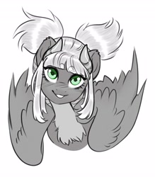 Size: 3582x4096 | Tagged: safe, artist:opalacorn, oc, oc only, oc:chocolate muffin, pegasus, pony, beanbrows, chest fluff, eyebrows, eyebrows visible through hair, female, grayscale, grin, horns, large wings, looking at you, mare, monochrome, partial color, simple background, smiling, smiling at you, solo, white background, wings