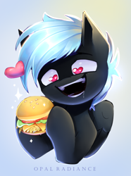 Size: 2228x3000 | Tagged: safe, artist:opal_radiance, oc, oc only, oc:midnight lancer, pegasus, pony, burger, food, gradient background, hay burger, heart, heart eyes, solo, wingding eyes