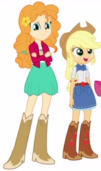 Size: 3062x5198 | Tagged: safe, artist:octosquish7260, applejack, pear butter, human, equestria girls, g4, applejack's skirt, belt, blonde hair, boots, buttercup, clothes, cowboy boots, cowboy hat, curly hair, cute, cutie mark on clothes, daaaaaaaaaaaw, duo, duo female, farm girl, female, flower, flower in hair, hat, high heel boots, jackabetes, jacket, mother and child, mother and daughter, orange hair, pearabetes, shirt, shoes, simple background, skirt, solo, vest, white background, younger