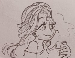 Size: 1822x1398 | Tagged: safe, artist:pony quarantine, sunset shimmer, human, equestria girls, g4, bust, coffee mug, female, grayscale, monochrome, mug, pencil drawing, requested art, smiling, solo, traditional art