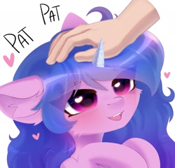 Size: 2000x1916 | Tagged: safe, artist:anku, izzy moonbow, human, pony, unicorn, g5, big ears, blush lines, blushing, cute, disembodied hand, ear fluff, eye clipping through hair, eyebrows, eyebrows visible through hair, female, floating heart, hand, head pat, heart, heart eyes, horn, izzybetes, mare, onomatopoeia, open mouth, open smile, pat, patting, simple background, small horn, smiling, white background, wingding eyes