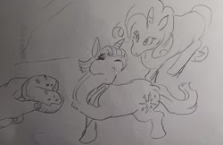 Size: 2048x1330 | Tagged: safe, artist:pony quarantine, rarity, twilight sparkle, earth pony, human, unicorn, g4, do not want, donut, duo focus, female, food, grayscale, hand, horn, mare, monochrome, offscreen character, pencil drawing, ponified animal photo, traditional art, unicorn twilight