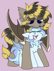 Size: 900x1200 | Tagged: safe, artist:php193, oc, oc only, oc:cuddle cloud, oc:rii, bat pony, cute, duo, duo male and female, female, happy, large wings, male, pink background, simple background, size difference, smiling, wholesome, wings