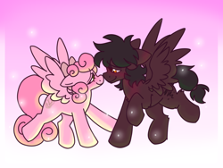 Size: 1200x900 | Tagged: safe, artist:php193, oc, oc only, oc:soft sonance, oc:stormchaser, pegasus, boop, bow, curly mane, curly tail, cute, duo, glowing, gradient background, hair bow, in love, looking at each other, looking at someone, love, loving gaze, noseboop, pink background, tail