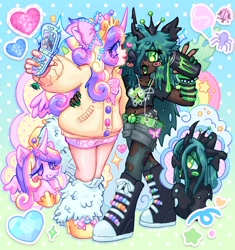 Size: 1928x2048 | Tagged: safe, artist:ibbledribble, princess cadance, queen chrysalis, alicorn, changeling, changeling queen, human, insect, ladybug, pony, spider, g4, arm warmers, beanbrows, belt, black body, black lipstick, blush lines, blush sticker, blushing, bow, bra, bra strap, cardigan, changeling horn, clothes, colored ear fluff, colored eyebrows, colored eyelashes, colored mouth, colored tongue, converse, coontails, cotton candy, crown, curly hair, curly mane, curved horn, cute, cutealis, cutedance, dark skin, denim, denim shorts, drink, duo, duo female, dyed hair, ear fluff, eared humanization, emanata, energy drink, eye clipping through hair, eyebrows, eyeshadow, fangs, female, flip phone, floating heart, fluffy hair, fluffy leg warmers, gir, gradient background, green blush, green eyelashes, green eyes, green eyeshadow, green mouth, green tongue, gyaru, hair accessory, hair bow, hairclip, hand on hip, heart, height difference, high heels, holding, hoof shoes, horn, horned humanization, human ponidox, humanized, invader zim, jewelry, kandi, knee high converse, kogal, leg warmers, leopard print, lidded eyes, light skin, lipstick, long horn, makeup, mare, mary janes, miniskirt, monster energy, multicolored nails, neck bow, one eye closed, open mouth, open smile, painted nails, patterned background, peace sign, phone, phone charm, pink bow, pink coat, polka dot background, pose, princess shoes, profile, purple eyelashes, purple eyes, purple eyeshadow, raised hooves, raised leg, regalia, ripped stockings, scene, scene queen, self paradox, self ponidox, sharp nails, shiny eyes, shiny hair, shiny horn, shiny mane, shoes, shorts, skirt, small wings, smiling, sparkles, sparkly eyes, spiked wristband, spread wings, standing, stars, sticker, stockings, striped arm warmers, taking a photo, tank top, teal hair, teal mane, thigh highs, three toned hair, three toned mane, tiara, torn clothes, underwear, wall of tags, wingding eyes, winged humanization, wings, wristband