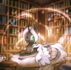 Size: 2600x2571 | Tagged: safe, artist:mirroredsea, oc, oc only, phoenix, pony, unicorn, book, bookshelf, duo, female, horn, ladder, library, lying down, magic, mare, on back, one eye closed, prone, smiling, solo, spread wings, wings