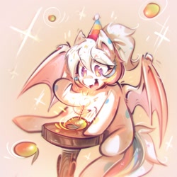 Size: 2048x2048 | Tagged: safe, artist:mirroredsea, oc, oc only, oc:confetti cupcake, bat pony, pony, bat pony oc, bipedal, fangs, female, food, hat, mango, mare, open mouth, open smile, party hat, smiling, solo, spread wings, wings