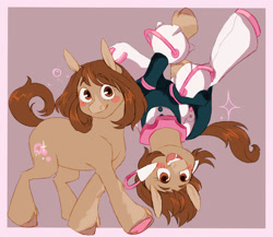 Size: 1500x1300 | Tagged: safe, artist:abbytabbys, part of a set, earth pony, pony, anime, blush sticker, blushing, bobcut, bodysuit, boots, border, brown coat, brown eyes, brown hooves, brown mane, brown tail, bubble, choker, clothes, coat markings, colored eyebrows, colored hooves, colored pinnae, colored underhoof, costume, duality, eyebrows, eyebrows visible through hair, eyelashes, facial markings, female, floating, gauntlet, headgear, headpiece, hoof boots, hoof heart, hooves, leg markings, looking at you, my hero academia, ochako uraraka, open mouth, open smile, passepartout, ponified, purple background, quirked pony, shiny mane, shiny tail, shoes, short hair, simple background, smiling, smiling at you, snip (coat marking), solo, sparkles, superhero costume, tail, tall ears, teenager, teeth, underhoof, unshorn fetlocks, upside down, walking, wall of tags