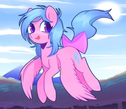 Size: 1569x1361 | Tagged: safe, artist:firefly, firefly, pegasus, pony, g1, :p, big eyes, blue mane, blue tail, bow, cloud, colored pupils, cute, day, detailed background, eyelashes, female, flyabetes, flying, forest, looking back, mare, mountain, nature, pink bow, pink coat, purple eyes, purple pupils, shiny mane, shiny tail, signature, smiling, solo, sun, tail, tail bow, tongue out, tree, wings, wings down