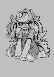 Size: 1431x2048 | Tagged: safe, oc, oc only, oc:ninny, semi-anthro, bowtie, clothes, female, fluffy hair, grayscale, kneeling, mare, monochrome, necktie, overalls, sitting, smiling, socks, solo