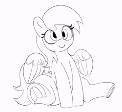 Size: 2048x1880 | Tagged: safe, artist:pabbley, derpy hooves, pegasus, pony, g4, black and white, cute, derpabetes, female, frog (hoof), grayscale, looking at you, mare, monochrome, simple background, sitting, smiling, smiling at you, solo, underhoof, white background