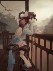 Size: 3785x5042 | Tagged: safe, artist:rvsd, oc, oc only, pegasus, pony, absurd file size, absurd resolution, chair, cherry blossoms, china, clothes, commission, dress, flower, flower blossom, flower in hair, looking at you, pegasus oc, side view, sitting, solo