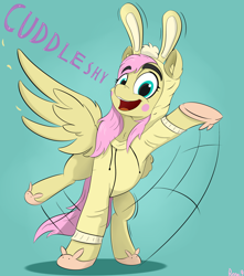 Size: 2324x2627 | Tagged: safe, artist:rapid9, fluttershy, pegasus, pony, g4, animal costume, blush sticker, blushing, bunny costume, bunny ears, bunny slippers, clothes, costume, cuddles (happy tree friends), cuddling, cute, eyebrows, eyebrows visible through hair, happy, happy tree friends, hoodie, kigurumi, open mouth, open smile, shyabetes, slippers, smiling, spread wings, wide eyes, wings