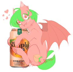 Size: 1824x1803 | Tagged: safe, artist:luna_mcboss, oc, oc only, oc:sploosh, bat, bat pony, fruit bat, pony, alcohol, bat wings, beer, beer can, chest fluff, drink, ear fluff, fangs, feathered fetlocks, female, food, fruit, green mane, heart, peach, pink coat, pink eyes, short mane, short tail, simple background, solo, tail, unshorn fetlocks, white background, wings