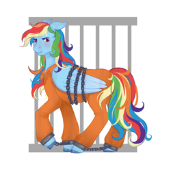 Size: 3500x3500 | Tagged: safe, artist:spell.bound.art, rainbow dash, g4, blushing, clothes, commissioner:rainbowdash69, cuffed, cuffs, jumpsuit, never doubt rainbowdash69's involvement, prison outfit, prisoner, prisoner rd, shackles, simple background, solo, white background