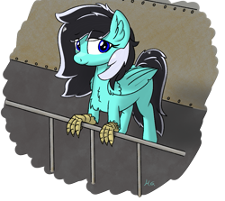 Size: 865x772 | Tagged: safe, artist:harmonicglow, oc, oc only, oc:harmonic glow, hippogriff, blue eyes, chest fluff, female, leaning on railings, mare, railing, simple background, talons, transparent background