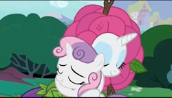 Size: 1440x821 | Tagged: safe, screencap, rarity, sweetie belle, pony, unicorn, forever filly, g4, season 7, cute, diasweetes, duo, eyes closed, eyeshadow, female, flower costume, flowerity, horn, hug, makeup, raribetes, sibling love, siblings, sisterly love, sisters, smiling