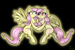 Size: 5990x4000 | Tagged: safe, artist:twinky, fluttershy, bat pony, pegasus, pony, g4, bat ponified, bat wings, chest fluff, duality, ear fluff, female, flutterbat, mare, race swap, self paradox, self ponidox, space, spread wings, wings