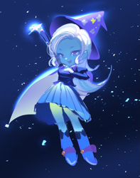 Size: 1101x1396 | Tagged: safe, artist:alba_pura, trixie, human, equestria girls, g4, cape, clothes, female, glowing, hand on breasts, hat, looking at you, open mouth, open smile, raised arm, smiling, smiling at you, solo, trixie's cape, trixie's hat