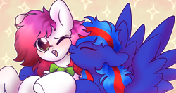 Size: 4134x2205 | Tagged: safe, artist:mariashek, oc, oc:ellie berryheart, oc:redline lightwing, pegasus, pony, g4, abstract background, blue wings, bowtie, cute, duo, female, fluffy, green eyes, hug, licking, necktie, tongue out, wings