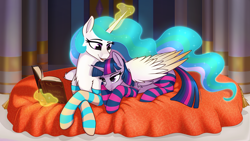 Size: 7180x4040 | Tagged: safe, alternate version, artist:dacaoo, princess celestia, twilight sparkle, alicorn, pony, g4, absurd resolution, castle, chest fluff, clothes, colored wings, crossed legs, duo, duo female, female, glowing, glowing mane, glowing tail, hug, leg fluff, lidded eyes, looking at someone, lying down, magic, missing accessory, momlestia, open mouth, open smile, photo album, prone, smiling, socks, striped socks, tail, telekinesis, twilight sparkle (alicorn), widescreen, wing blanket, winghug, wings