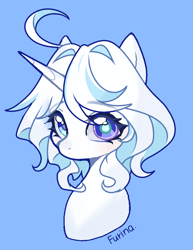 Size: 1176x1521 | Tagged: safe, artist:xinjinjumin0766616, pony, unicorn, bust, female, furina (genshin impact), genshin impact, horn, light blue background, mare, ponified, portrait, simple background, solo, text