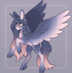 Size: 1300x1316 | Tagged: safe, artist:sararini, oc, oc only, oc:sunlight dawn, alicorn, pony, alicorn oc, commission, female, glasses, horn, mare, solo, spread wings, wings