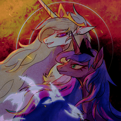 Size: 2048x2048 | Tagged: safe, artist:qswomozi, princess celestia, princess luna, alicorn, pony, g4, abstract background, bust, celestia's crown, colored pupils, crown, digital noise, duo, female, grin, jewelry, looking at someone, luna's crown, mare, portrait, regalia, royal sisters, siblings, sisters, smiling