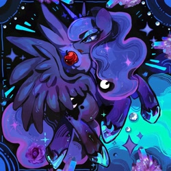 Size: 4096x4096 | Tagged: safe, artist:brucebrandon, artist:jojofassbender, princess luna, alicorn, pony, g4, abstract background, absurd resolution, apple, crown, female, flying, food, frown, jewelry, mare, open mouth, regalia, solo, spread wings, wings