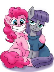 Size: 1080x1440 | Tagged: safe, artist:cuiyingying405, maud pie, pinkie pie, earth pony, pony, g4, cute, diapinkes, duo, duo female, female, grin, maudabetes, siblings, simple background, sisters, smiling, when she smiles, white background, wide grin