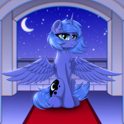 Size: 1800x1800 | Tagged: safe, artist:門久, derpibooru exclusive, princess luna, alicorn, pony, g4, cheek fluff, chest fluff, coat markings, ear fluff, eyebrows, eyebrows visible through hair, leg fluff, moon, s1 luna, sitting, solo, spread wings, stars, wing fluff, wings