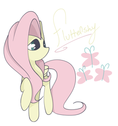 Size: 3952x4201 | Tagged: safe, artist:tkshoelace, fluttershy, butterfly, pegasus, pony, g4, female, fluttershy's cutie mark, folded wings, simple background, solo, text, white background, wings