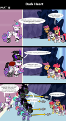 Size: 1920x3516 | Tagged: safe, artist:platinumdrop, apple bloom, king sombra, princess flurry heart, scootaloo, sweetie belle, alicorn, crystal pony, earth pony, pegasus, pony, unicorn, comic:dark heart, g4, 3 panel comic, abuse, alternate timeline, angry, applebuse, armor, attempted assassination, book, chains, collar, comic, commission, crystal, crystal castle, crystal empire, curved horn, cutie mark crusaders, dark crystal, dialogue, diary, evil flurry heart, eyes closed, female, flurry heart is amused, folded wings, glowing, glowing eyes, glowing horn, guard, helmet, horn, husband and wife, indoors, insult, laughing, looking at each other, looking at someone, magic, magic aura, male, mare, mask, mind control, older, older apple bloom, older cmc, older flurry heart, older scootaloo, older sweetie belle, scootabuse, ship:flurrybra, shipping, slave, slave collar, snuggling, sombra soldier, spear, speech bubble, spiked collar, spiked wristband, stallion, straight, sweetiebuse, throne, throne room, tired, victorious villain, wall of tags, weapon, wings, wristband